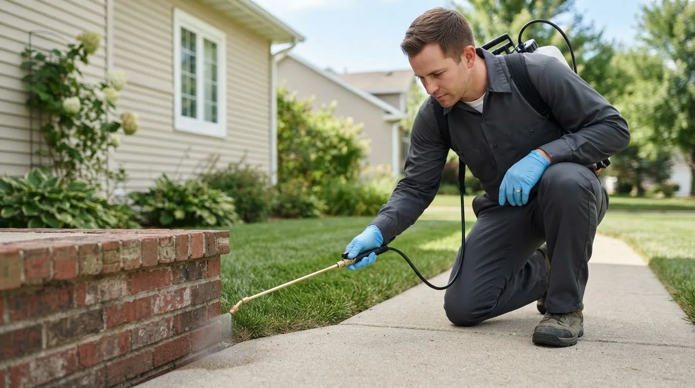 Pest control technician treating a home near Coshocton, OH