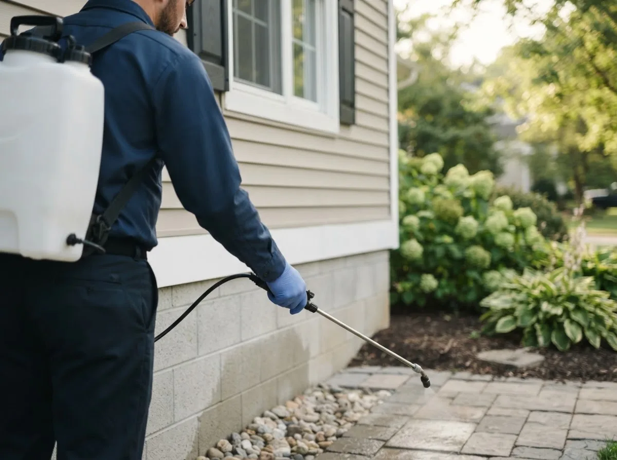 Pest control technician inspecting a home in Coshocton, OH